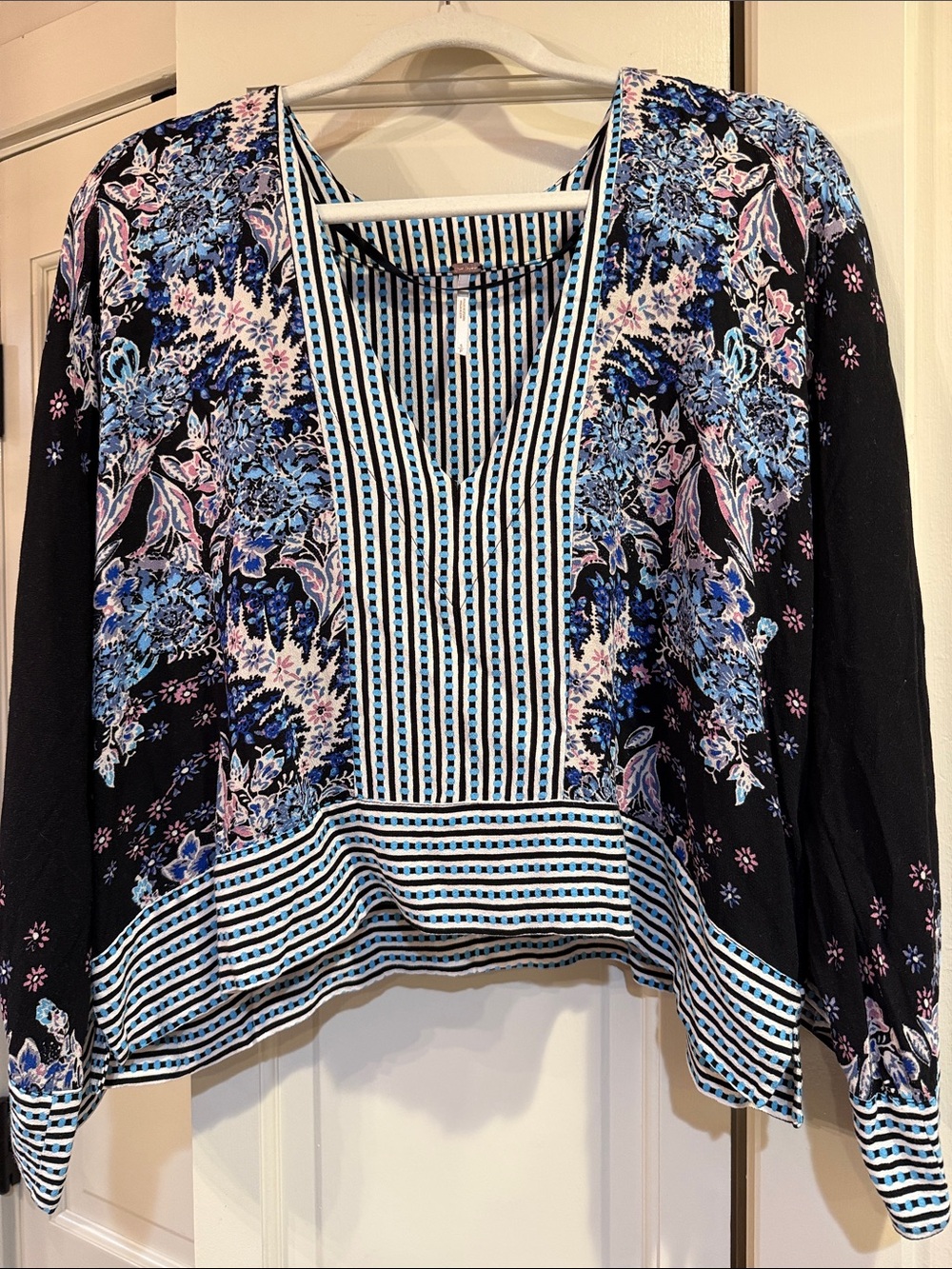 Free People Floral-Striped V-Neck Blouse in Black, Blue & Pink
